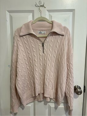 Hollister Light Pink Cable-Knit Half-Zip Turtleneck Sweater